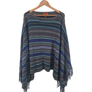 Missoni Poncho Womens OS Blue Teal Zig Zag Wool Blend Fringe Knit Cape Italy*